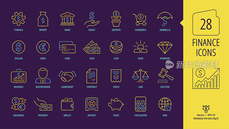 Business and finance editable stroke line icon set on a dark violet background with money, bank, piggy, credit, exchange, deposit, law, dollar, euro, coin, card, currency, handshake outline symbols.